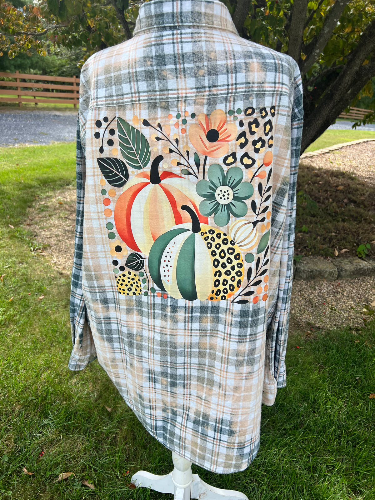 Upcycled Flannel Fall Floral Leopard Pumpkin Bleach Art - Men’s 2XL