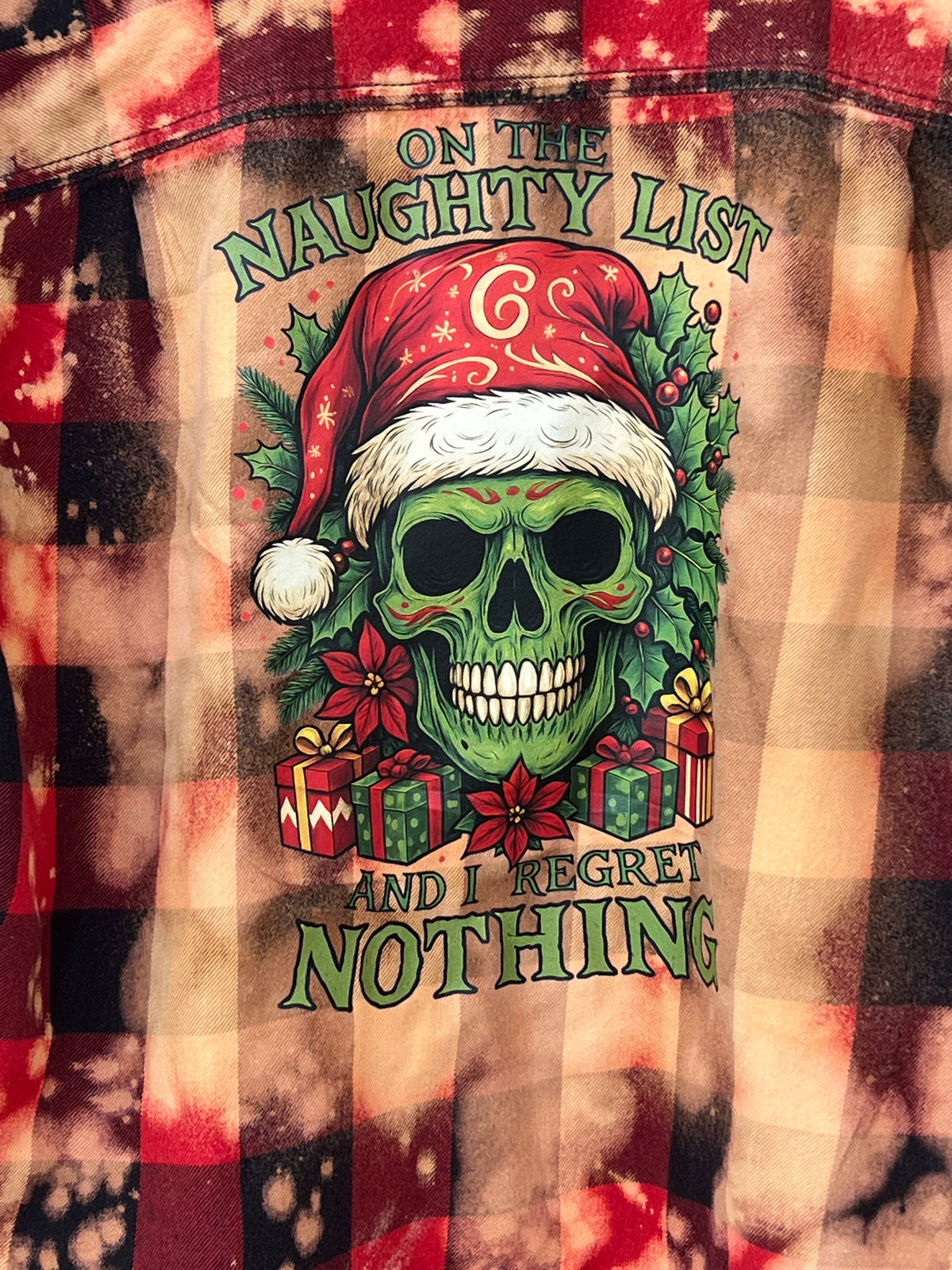 Upcycled Flannel -  Naughty List Santa Skull Bleach Art - Men’s Large