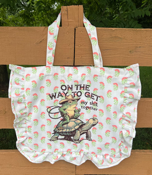 On my Way to Get my Shit Together Handmade Ruffle Trim Tote Bag