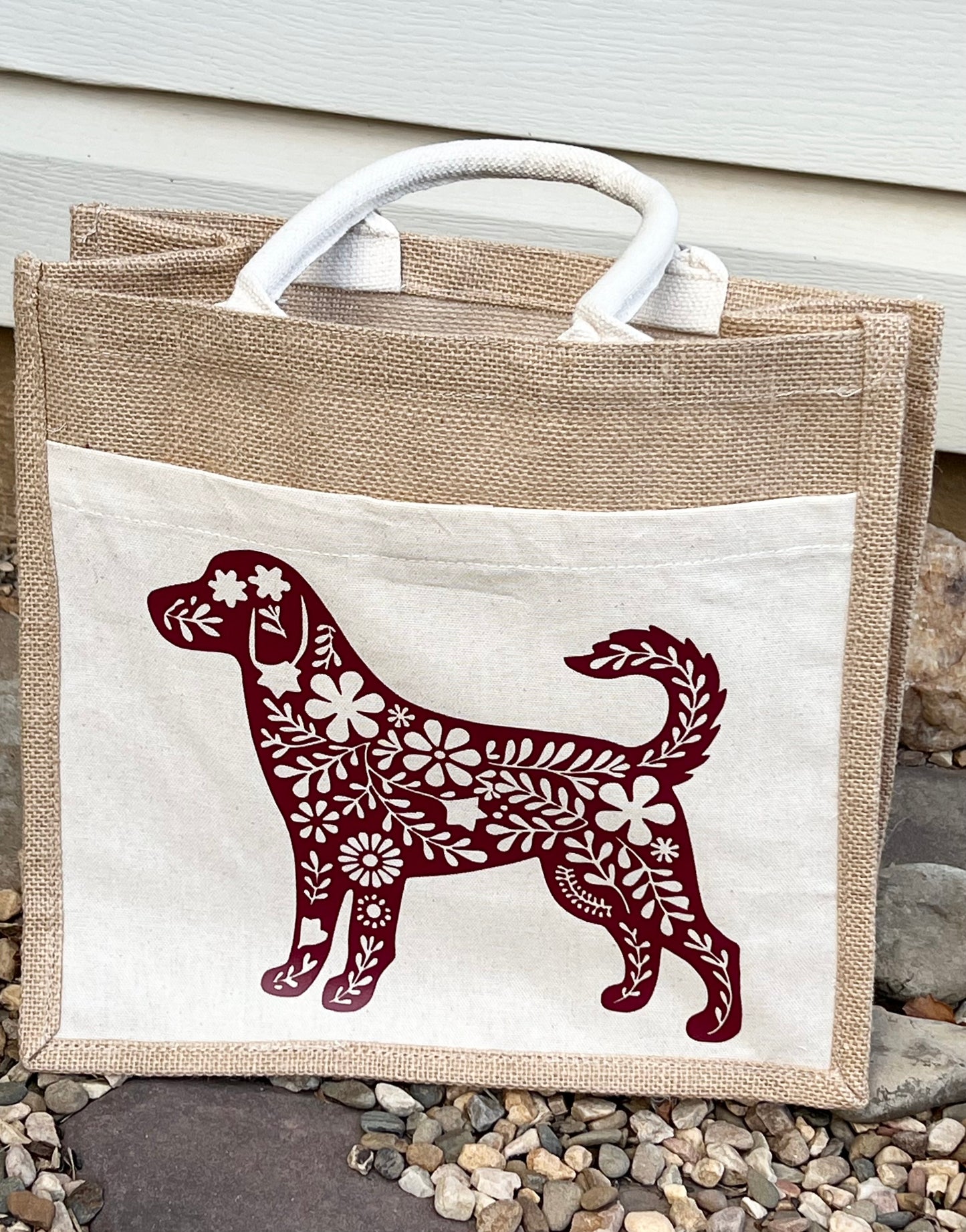 Wine Red Floral Dog Lovers Jute & Canvas Tote