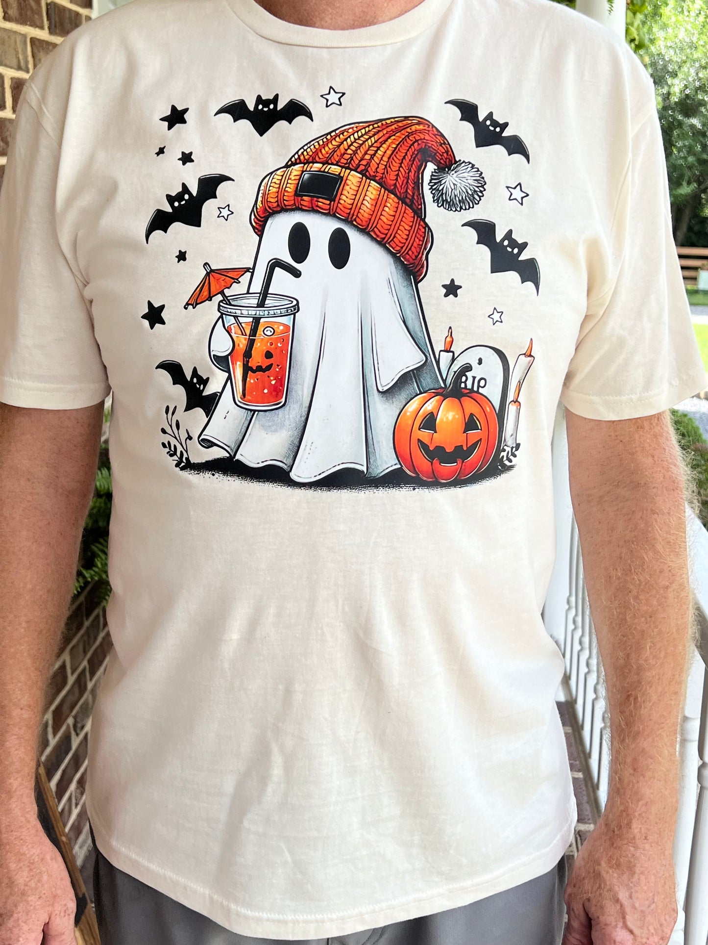 Coffee Drinking Halloween Ghost Handmade T-Shirt
