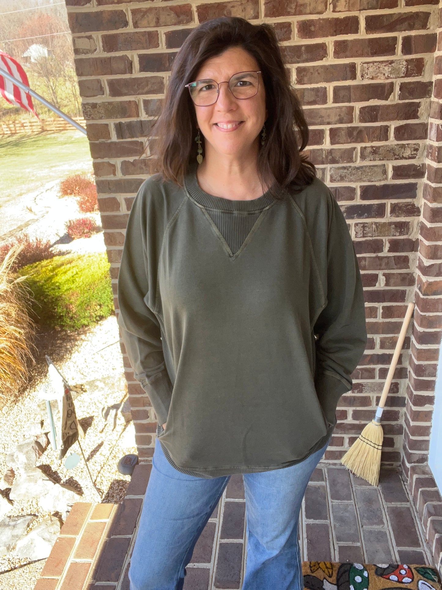 Zenana French Terry Olive Pigment Dyed Sweatshirt w/ POCKETS