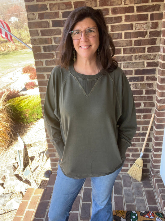 Zenana French Terry Olive Pigment Dyed Sweatshirt w/ POCKETS