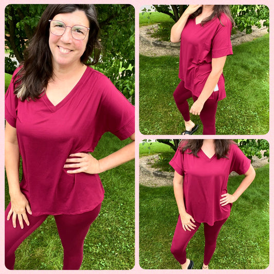 Zenana Cabernet Top & Legging Set - Super Soft Microfiber