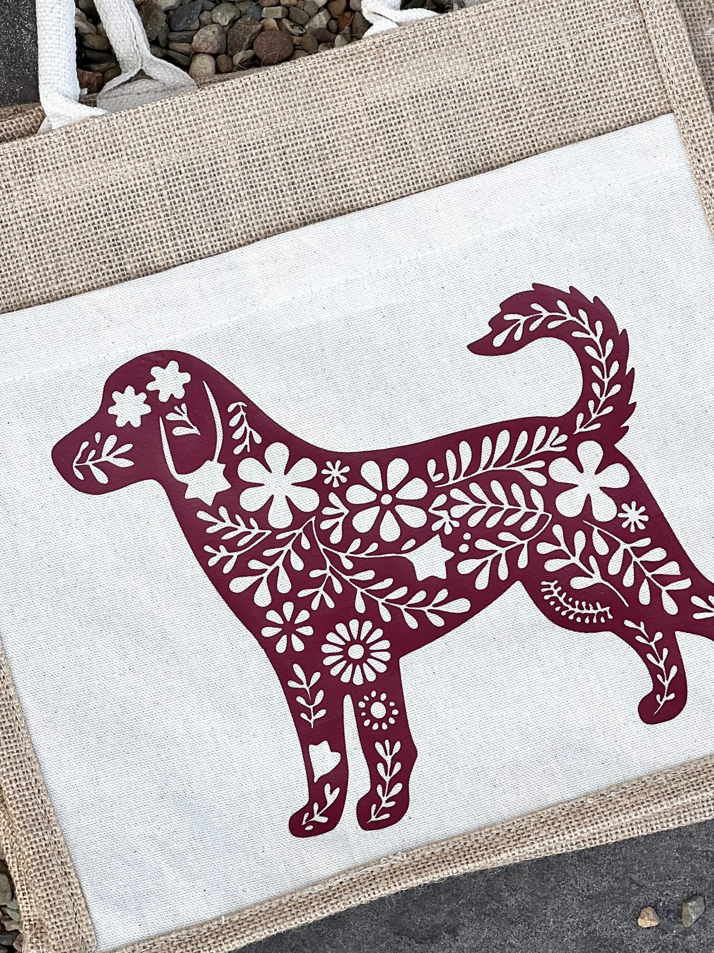 Wine Red Floral Dog Lovers Jute & Canvas Tote
