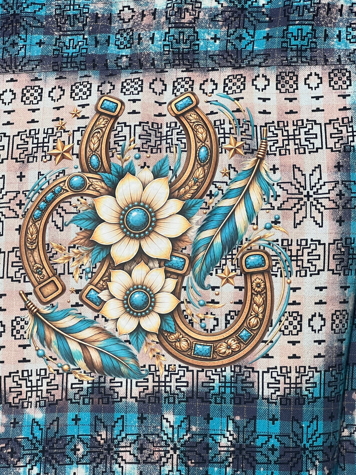 Upcycled Flannel -  Southwest Floral Horseshoes Bleach Art - Men’s  Small UNISEX