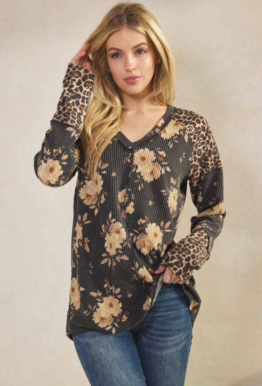 Urban Ribbed V-Neck Long Sleeve Top - Leopard Floral Print