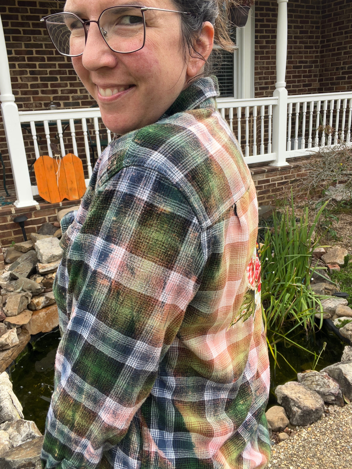 Upcycled Flannel -  Poppy Flower Bleach Art