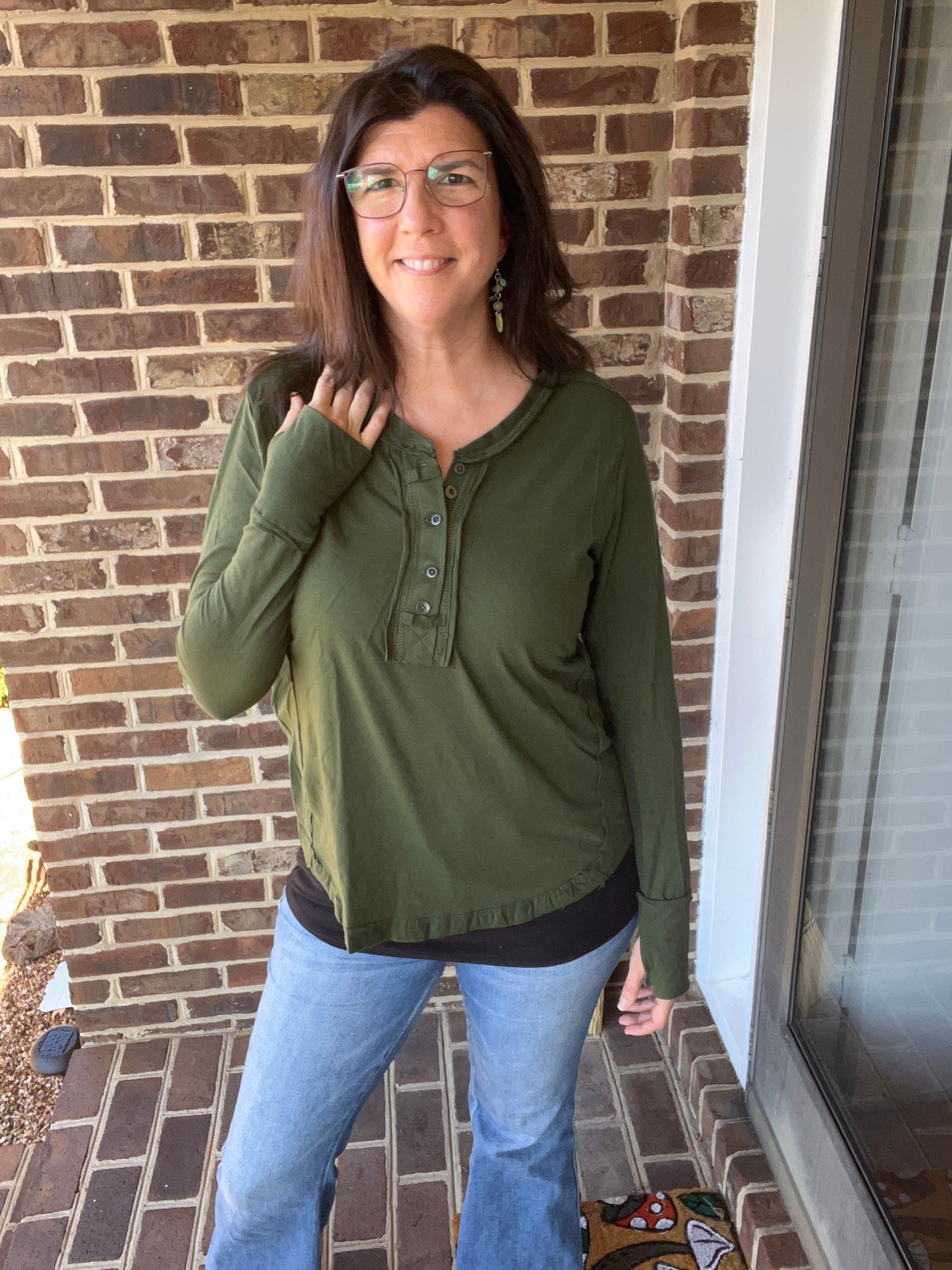 Zenana Cotton Army Green Henley w/ Thumb Holes