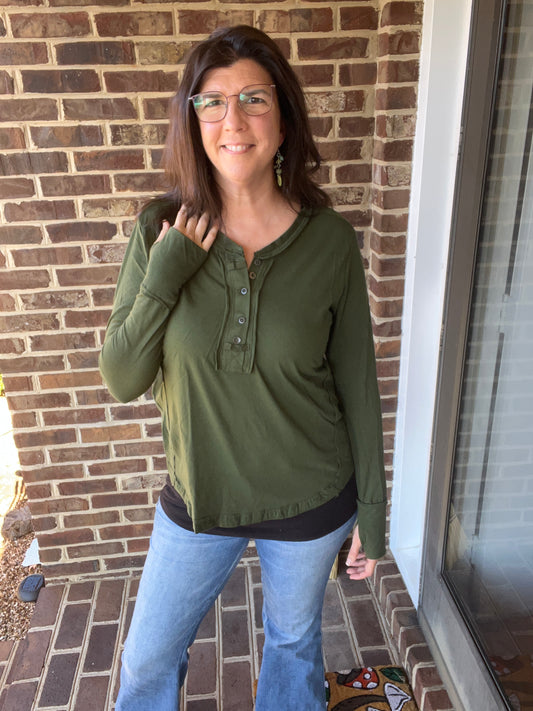 Zenana Cotton Army Green Henley w/ Thumb Holes