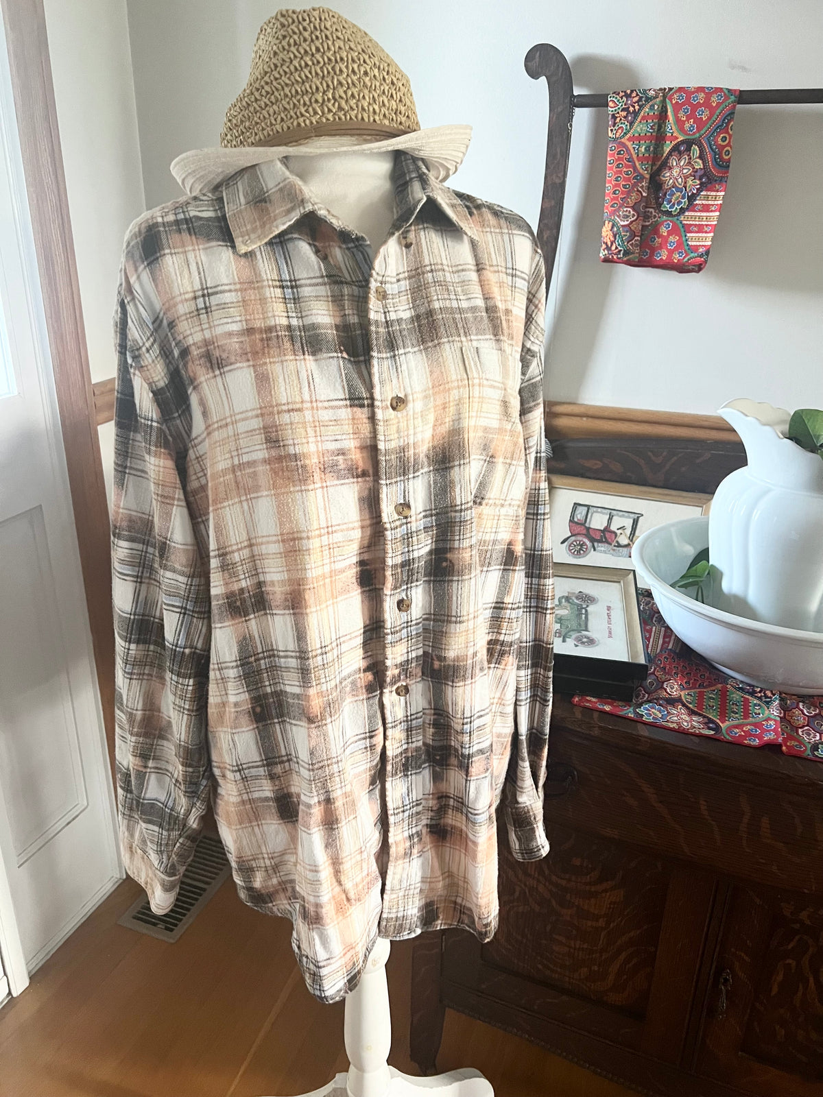 Upcycled Flannel - Fluffy Cats Bleach Art