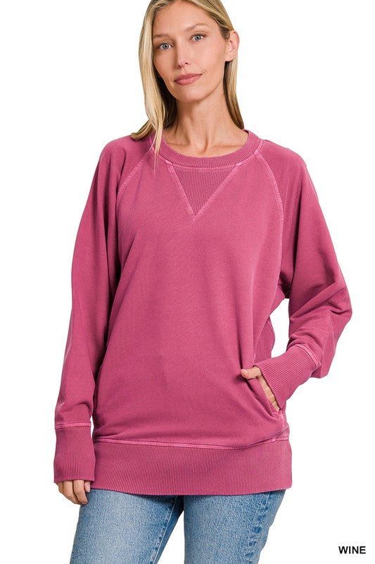 Zenana French Terry Sweatshirt in Wine Color with POCKETS
