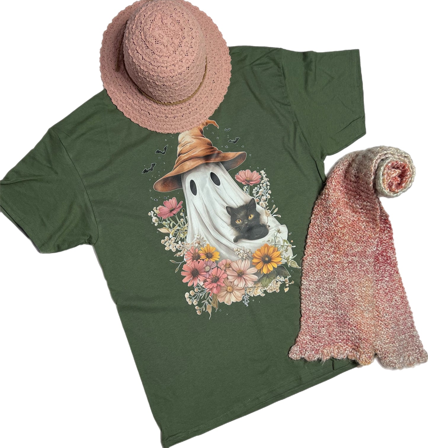 Vintage Style Fall Floral Ghost & Black Cat T-Shirt