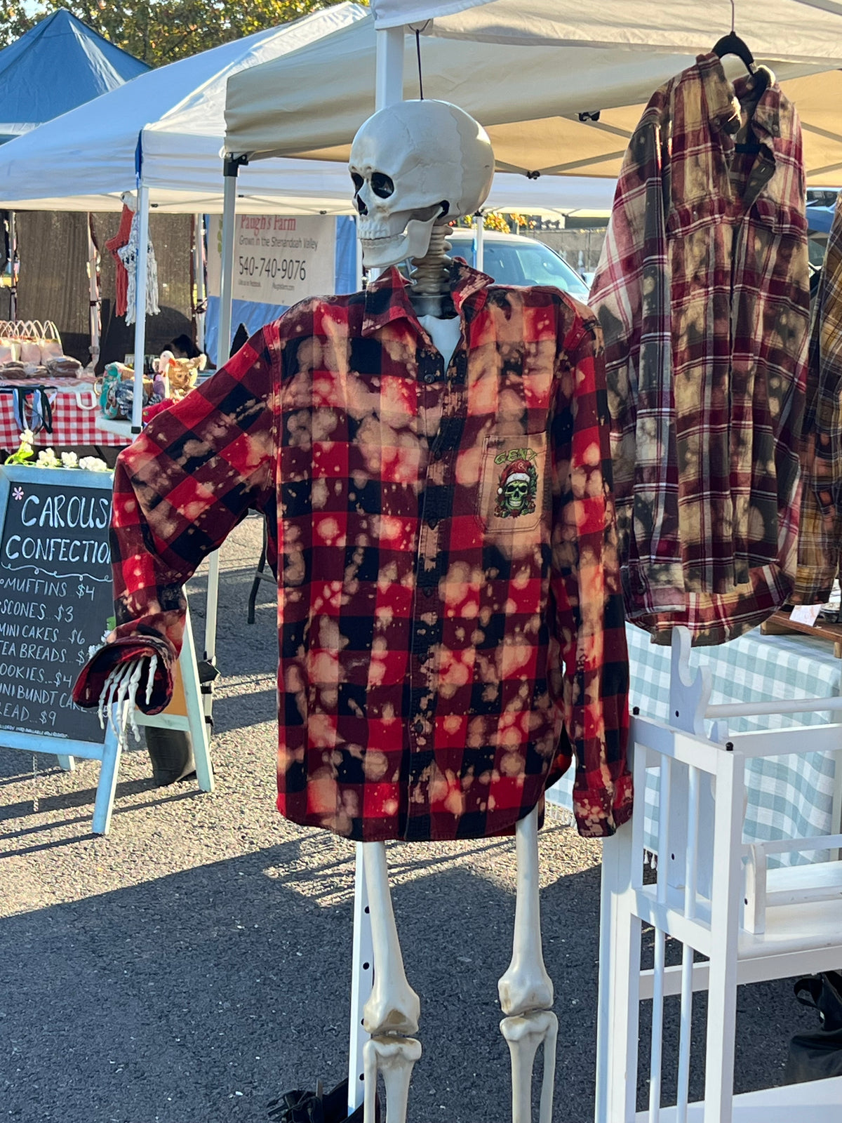 Upcycled Flannel -  Naughty List Santa Skull Bleach Art - Men’s Large