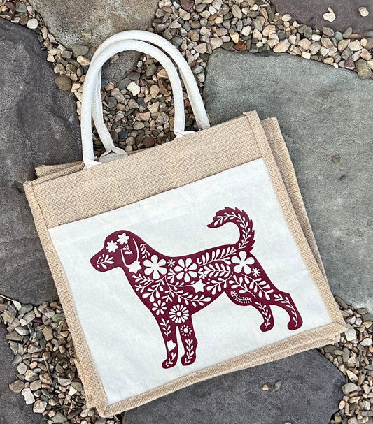 Wine Red Floral Dog Lovers Jute & Canvas Tote