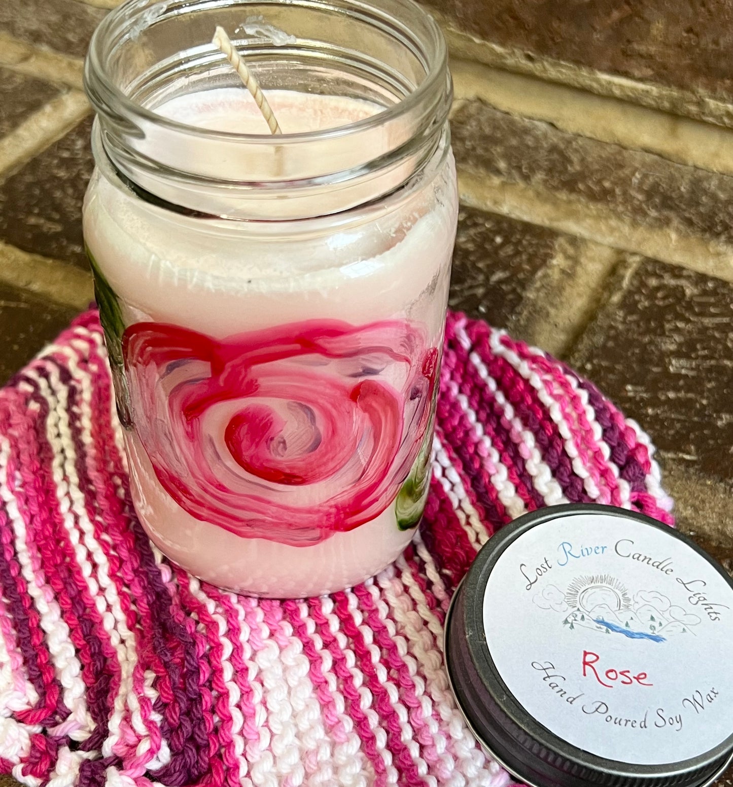 Rose Scented Soy Candle in Stained Glass Style Hand Painted Jar