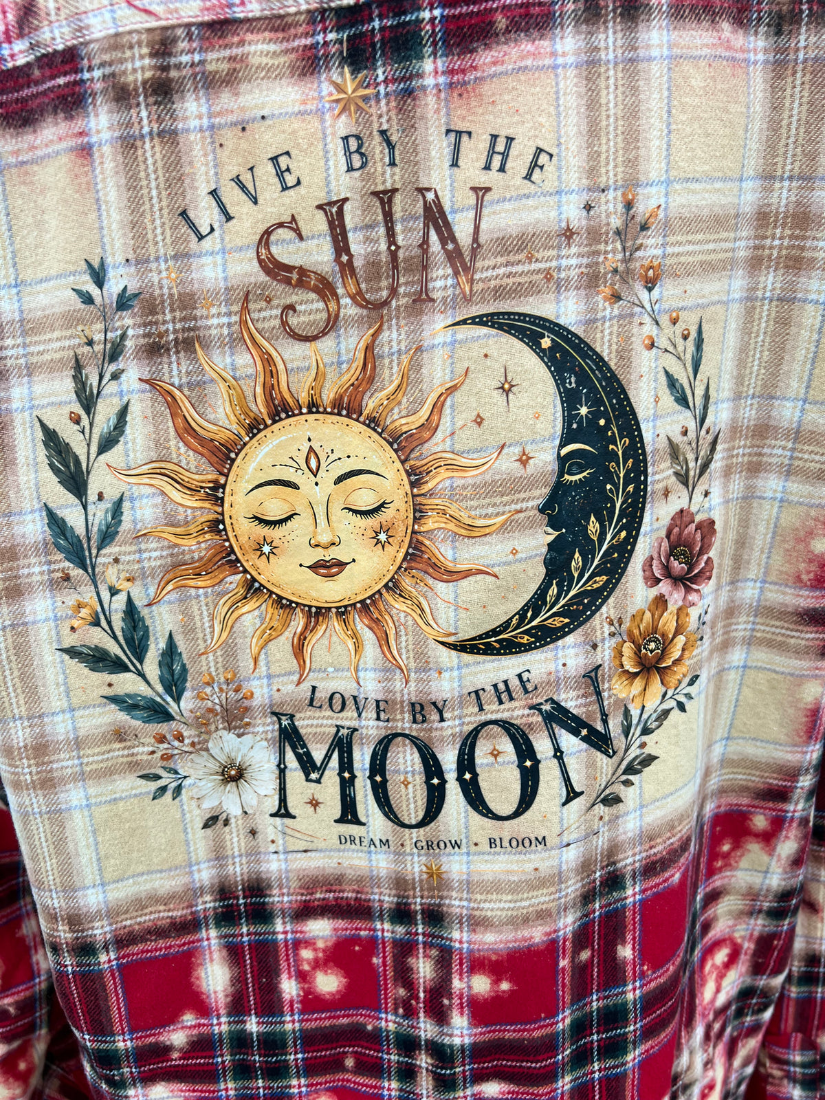 Upcycled Flannel -  Celestial Sun & Moon Bleach Art