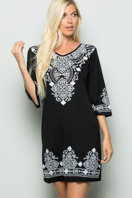 Black & White Damask 3/4 Sleeve Dress