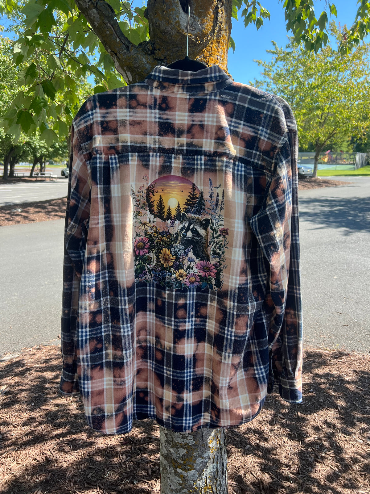 Upcycled Flannel - Sweet Raccoon Bleach Art