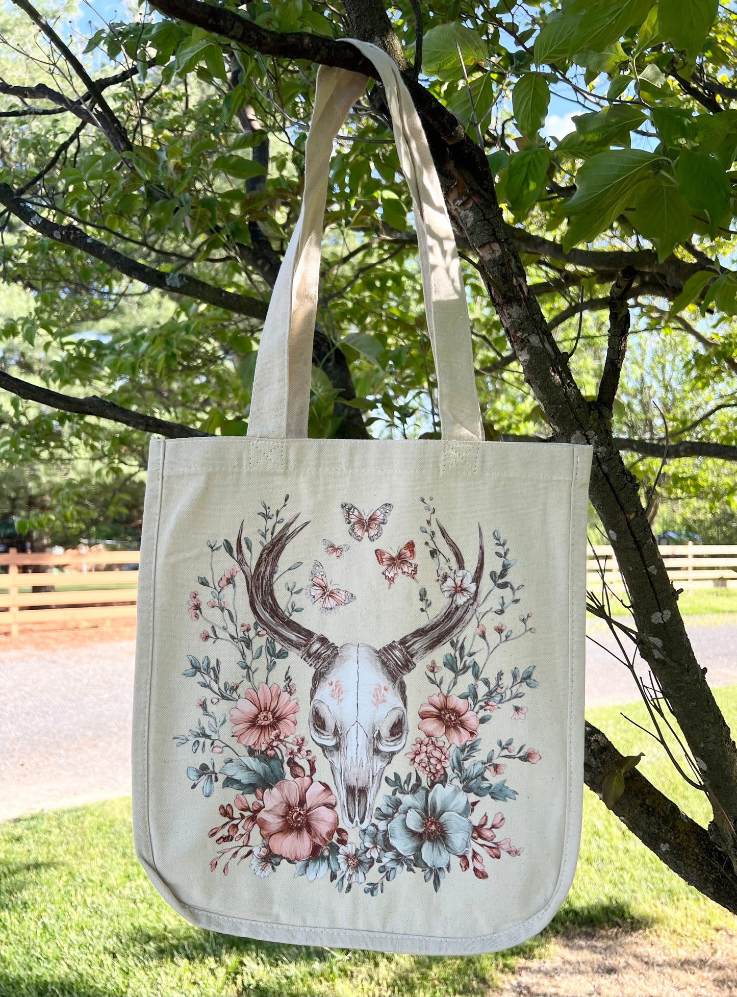 Customized Canvas Tote - Boho Floral Bull Skull Design