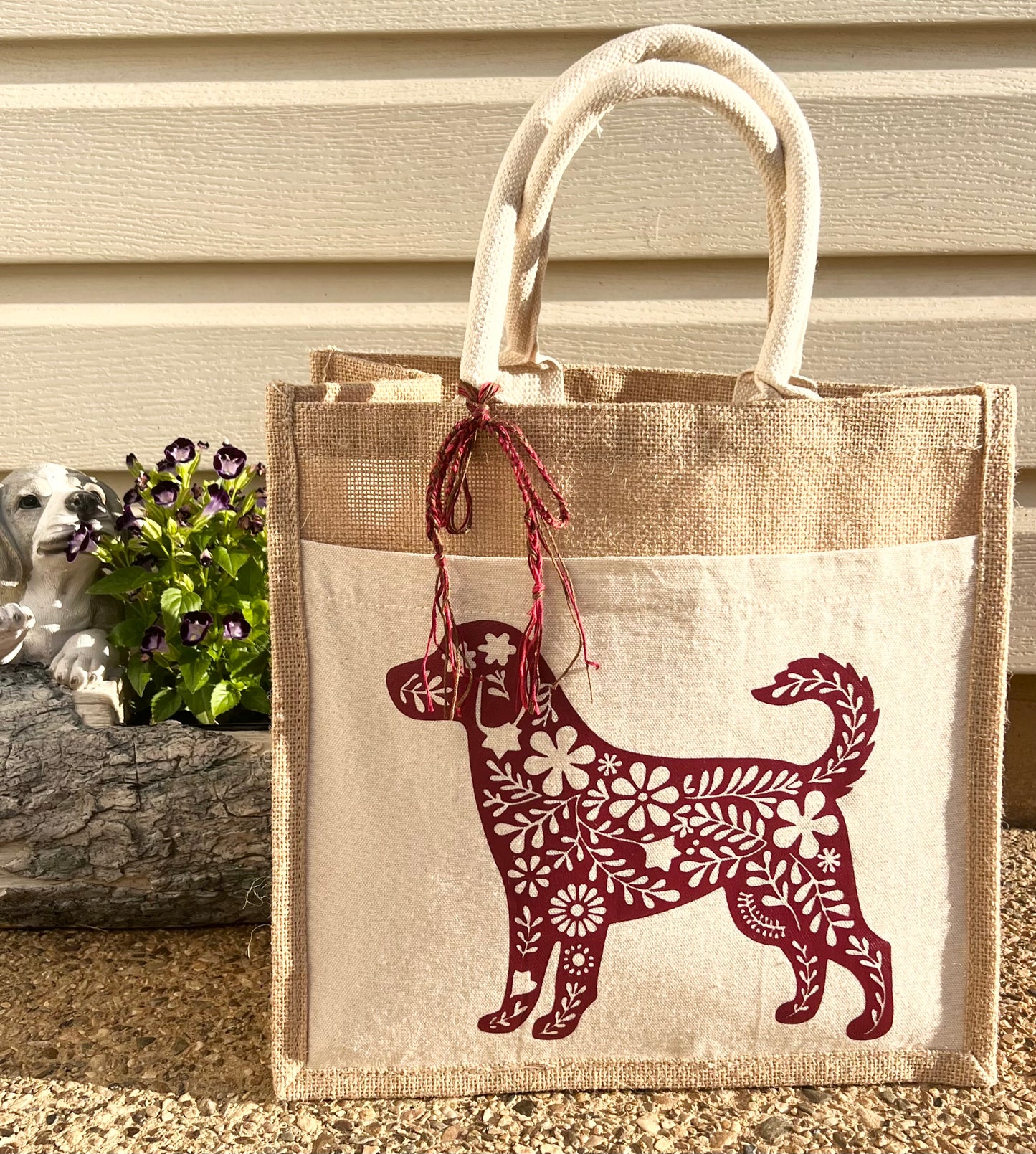 Wine Red Floral Dog Lovers Jute & Canvas Tote