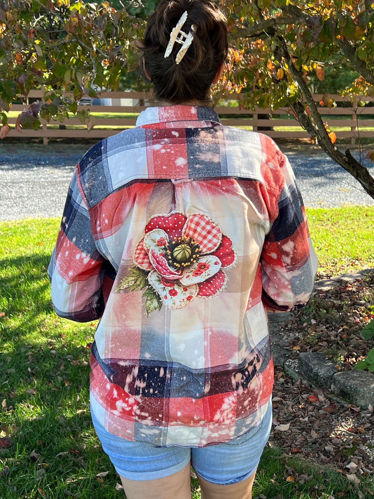 Upcycled Flannel -  Poppy Flower Bleach Art - Men’s Large Unisex