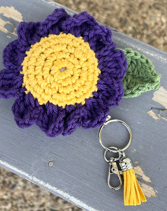 Purple & Gold Cotton Crochet Daisy Keychain