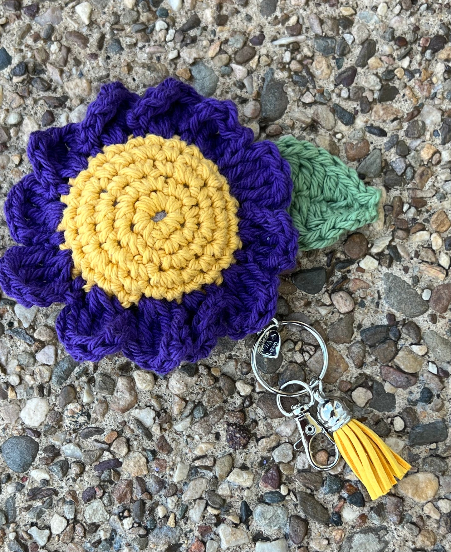 Purple & Gold Cotton Crochet Daisy Keychain