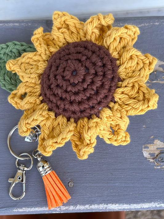 Hand Crochet 100% Cotton Sunflower Keychain