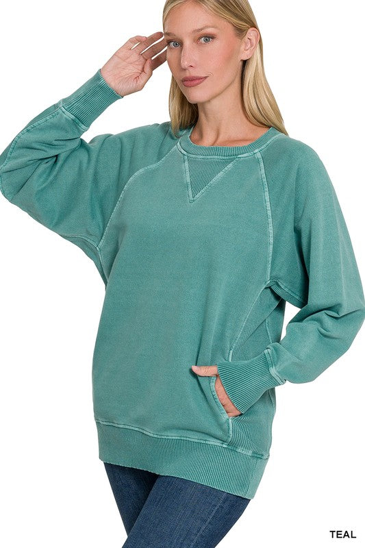 Zenana French Terry Pullover w/ POCKETS Teal